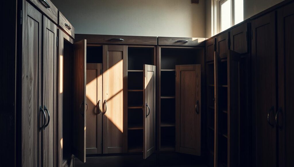 An array of kitchen cabinets, their surfaces weathered and worn, stand in a dimly lit room. Sunlight filters through a window, casting soft shadows across the textured wood. The doors hang slightly ajar, revealing the interior shelves, some sagging or misaligned. The hardware is tarnished, its once-shiny finish dulled by years of use. A sense of age and neglect permeates the scene, inviting a closer inspection of the cabinet's condition. The viewer is left to ponder the need for a thorough evaluation and potential restoration of these essential kitchen furnishings. An array of kitchen cabinets, their surfaces weathered and worn, stand in a dimly lit room. Sunlight filters through a window, casting soft shadows across the textured wood. The doors hang slightly ajar, revealing the interior shelves, some sagging or misaligned. The hardware is tarnished, its once-shiny finish dulled by years of use. A sense of age and neglect permeates the scene, inviting a closer inspection of the cabinet's condition. The viewer is left to ponder the need for a thorough evaluation and potential restoration of these essential kitchen furnishings.