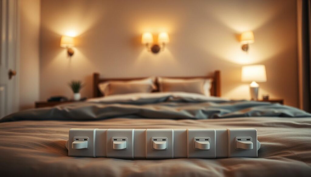 An ergonomic arrangement of electrical outlets in a cozy bedroom. In the foreground, a neatly organized set of power sockets positioned at waist height, evenly spaced and flush with the wall, allowing easy access for lamps, alarm clocks, and phone chargers. The middle ground features a warm, ambient lighting scheme, with subtle sconces casting a gentle glow. In the background, a soothing color palette of muted earth tones, creating a serene and relaxing atmosphere. The camera angle is slightly elevated, highlighting the thoughtful placement of the outlets and their integration into the overall bedroom design. Soft, diffused lighting and a clean, uncluttered layout convey a sense of order and functionality.