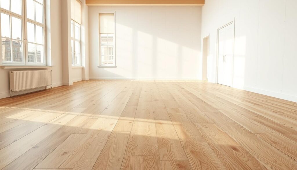 An expansive view of a well-lit, modern room with a warm, inviting atmosphere. In the center, a sturdy and seamless OSB flooring, its intricate wood grain patterns catching the soft natural light filtering through large windows. The OSB panels fit together flawlessly, creating a cohesive, clean look that complements the minimalist decor. Surrounding the floor, the walls are adorned with plain white OSB panels, their uniform texture providing a sleek, contemporary backdrop. The overall scene conveys a sense of simplicity, functionality, and timeless style - an ideal setting to showcase the versatility and practical benefits of OSB as a flooring and wall material.