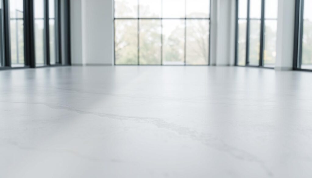 Anhydrite screed: a smooth, seamless floor surface with a matte, light gray finish. Capturing the scene, a well-lit interior with diffused natural light cascading through large windows, illuminating the expansive anhydrite screed underfoot. The screed appears sleek and polished, reflecting the clean, minimalist aesthetic of the space. In the middle ground, subtle textures and slight variations in the anhydrite material create visual interest, while the background fades into a softly blurred, neutral palette, allowing the floor to take center stage. An air of modernity and functionality pervades the scene, highlighting the versatility and appeal of anhydrite screed as a contemporary flooring solution.