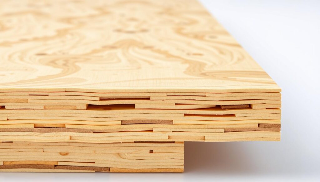 Detailed cross-section of an oriented strand board (OSB) panel, showcasing its internal structure and thickness. Crisp, high-resolution rendering under even studio lighting, highlighting the layered arrangement of elongated wood strands bonded with resin. Visually emphasize the panel's depth and density, conveying its durability and structural integrity suitable for roofing applications. Capture the material's natural grain patterns and subtle variations, while maintaining a clean, technical aesthetic. Compose the image from an eye-level perspective to clearly illustrate the OSB panel's thickness and physical properties.