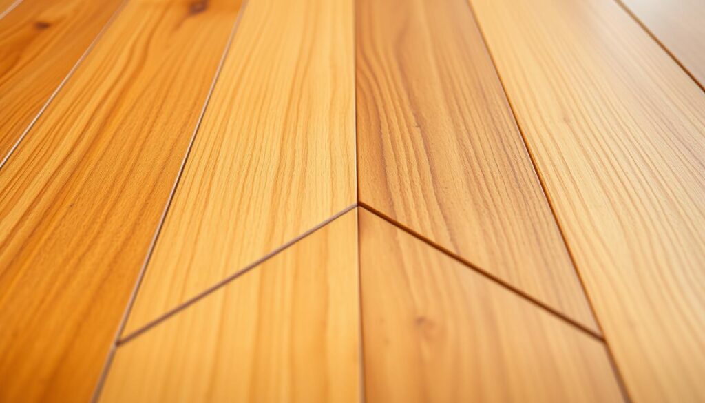 Detailed, high-quality close-up image of hardwood flooring panels with a prominent V-shaped groove between each panel, capturing the intricate texture and natural grain patterns. Bright, warm lighting illuminates the smooth, glossy surface, highlighting the depth and definition of the grooves. The composition emphasizes the clean lines, precise alignment, and uniform appearance of the flooring, conveying a sense of elegance and sophistication. The image should effectively illustrate the introduction to flooring panels with grooved joints, reflecting the article's focus on patterns and installation techniques.