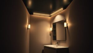 ciemny sufit w małej łazience